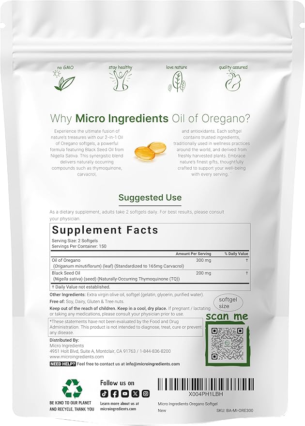 Micro Ingredients Oil of Oregano Softgels & Pure Triple Magnesium Complex 400mg Capsules | 2 Pack Bundle | 4X Strength Thymoquinone with Black Seed | Glycinate, Malate, & Taurate Forms
