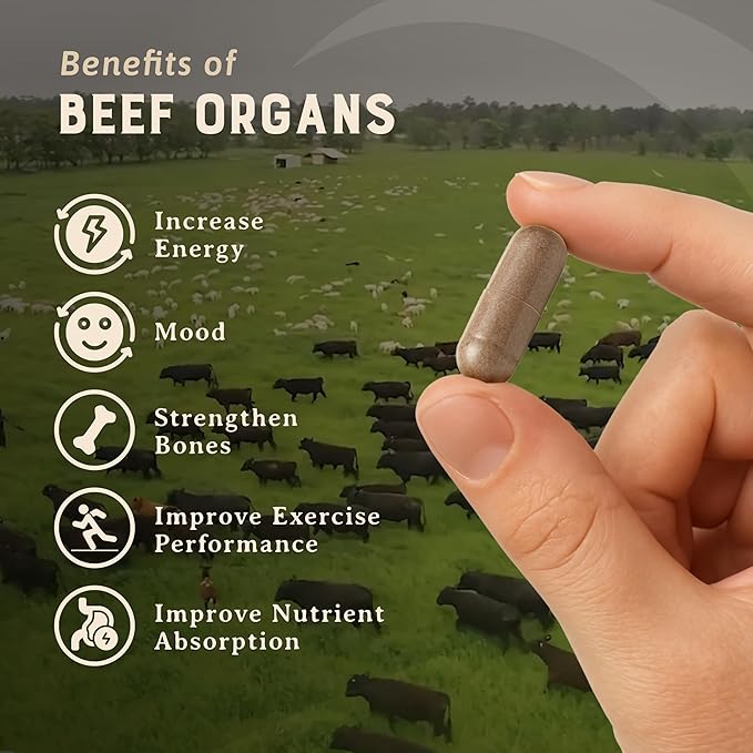 HEART & SOIL – 100% Grass Fed & Finished Beef Organs from Regenerative Cattle with Liver, Heart, Kidney, Pancreas & Spleen – 3000mg Beef Organ Supplement for Women & Men – Glass Bottle – 180 Capsules