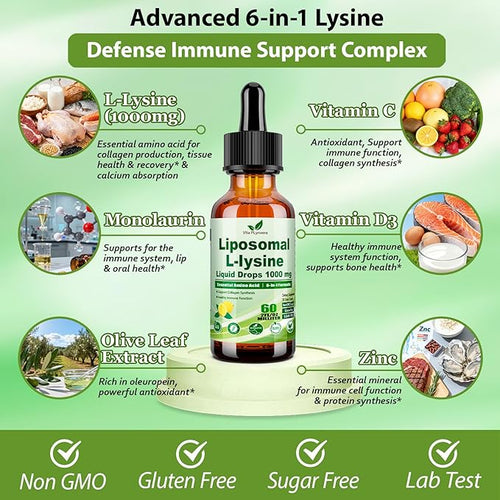 2 Pack L-Lysine 1000mg Liquid Drops w. Monolaurin Olive Leaf Extract Vitamin C D3 & Zinc, 6-in-1 Essential Amino Acid for Immune Collagen Lip & Oral Health, Liposomal Lysine for Better Absorption