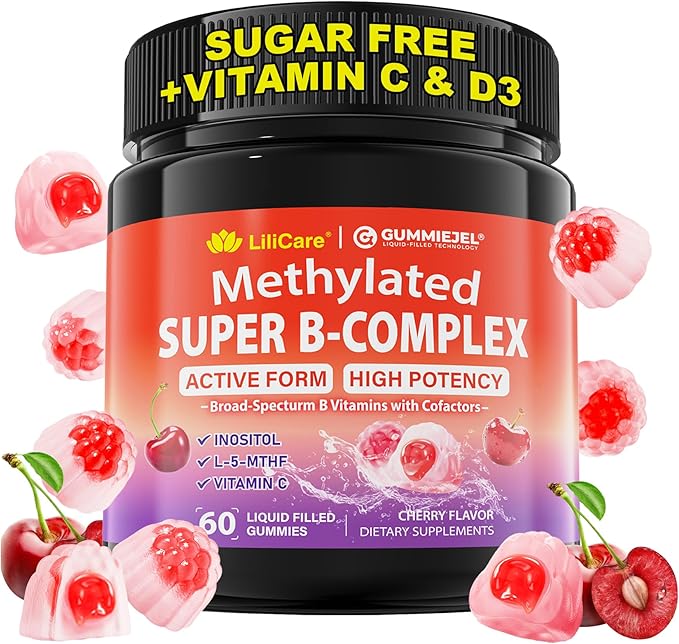 Methylated B Complex Vitamins Gummies, 12-in-1 Formula + Methyl B12 1000 mcg, 5-MTHF Methylfolate, Inositol, Choline, Vitamin C, D3, Multivitamin B Complex for Women & Men, Energy, Focus, 60cts
