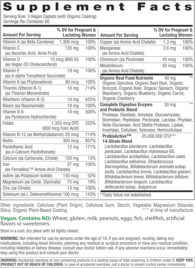 Rainbow Light Prenatal + Multivitamin for Women | 180 Vegan Caplets | Essential Nutrition for Mom & Baby | Real Food Nutrients, Digestive Enzymes, & Probiotics