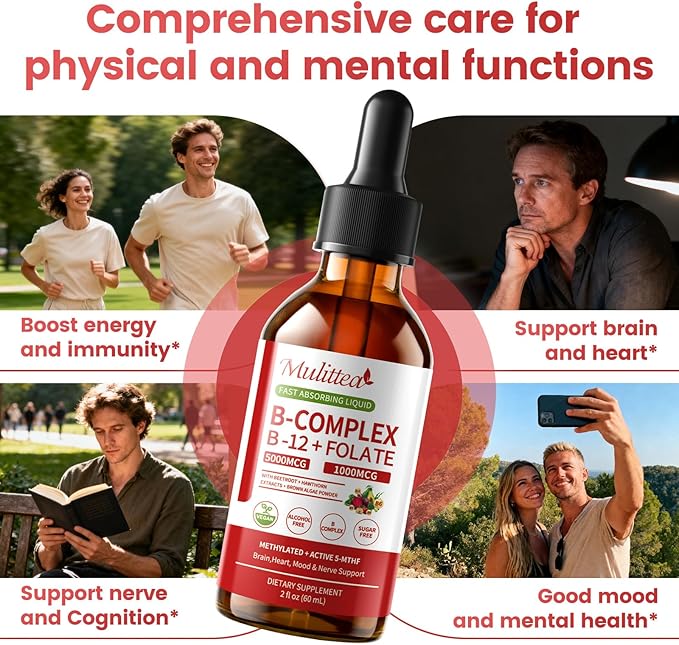 Methylated B Complex - 5000 mcg Methylcobalamin B12 & 5-MTHF Folate 1000 mcg - Vitamin B Complex Liquid Drops with B3, B6, Beetroot, Hawthorn - Energy, Focus, Heart & Brain, Sugar-Free, 2 Fl Oz