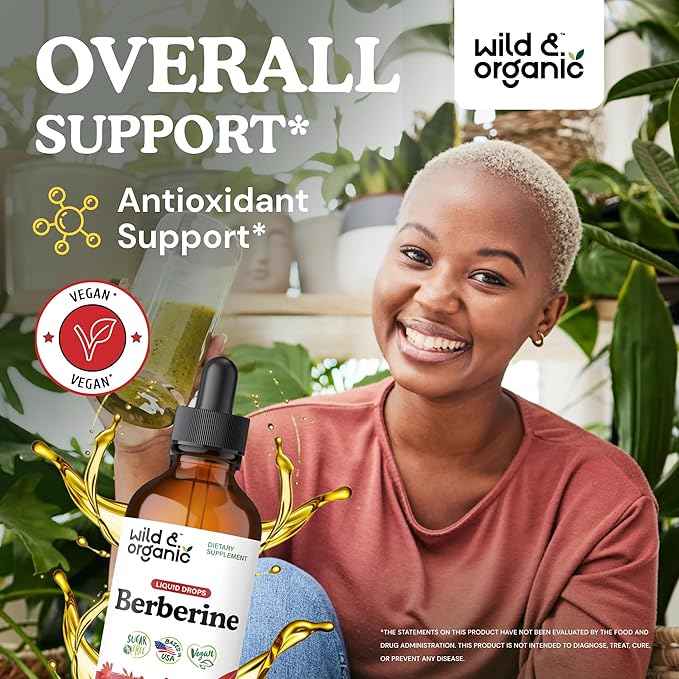 Wild & Organic Berberine Drops - Antioxidant Support - Liquid Berberine HCL 500mg - Add to Tea Supplement - Berberis Aristata Bark Extract - Pure, Vegan, Alcohol & Sugar-Free Tincture - 4 fl oz