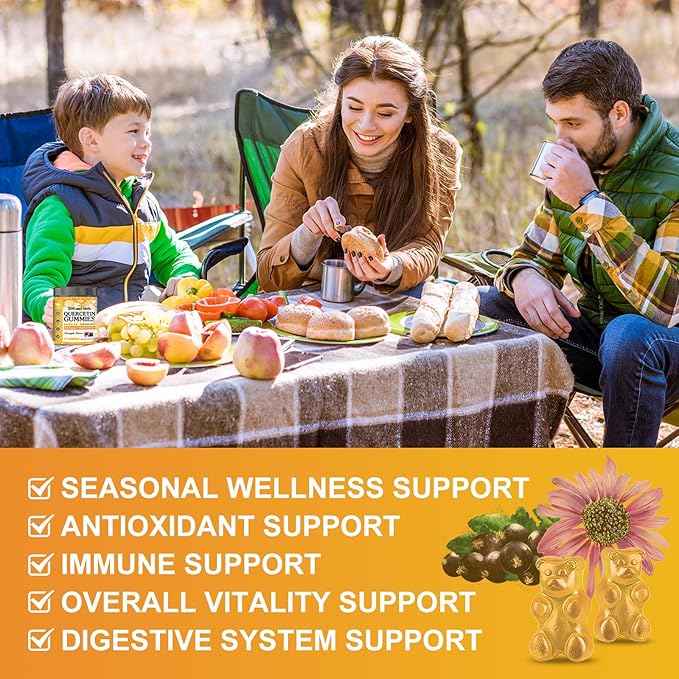 Quercetin Gummies with Bromelain for Adults & Kids - 800mg Quercetin with Bromelain, Elderberry, Vitamin C, D3 - Immune, Seasonal Wellness Support - Sugar Free, Vegan, Pineapple Flavor, 60 Ct (2 Pack)