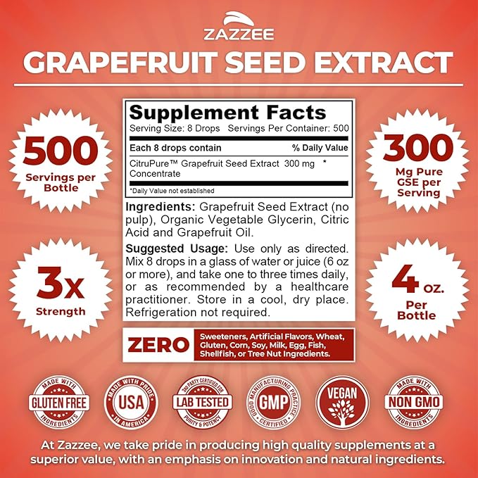 Zazzee GSE, 3X Triple Strength, 4 Ounces, 500 Servings, 300 mg per Serving, Premium Liquid Grapefruit Seed Extract Concentrate with Bioflavonoids, Vegan, Gluten Free, All-Natural, Made in the USA