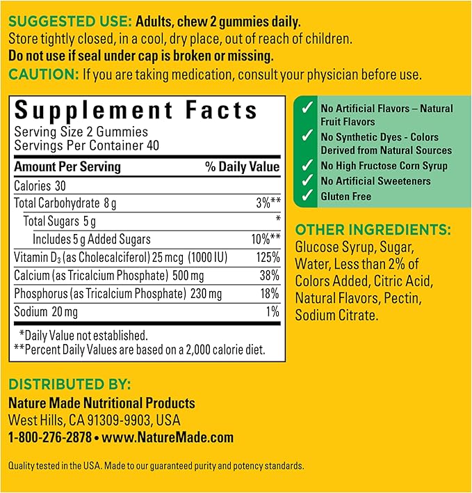 Nature Made Calcium Gummies 500 mg Per Serving with Vitamin D3, Dietary Calcium Supplement for Bone Support, 80 Gummies, 40 Day Supply