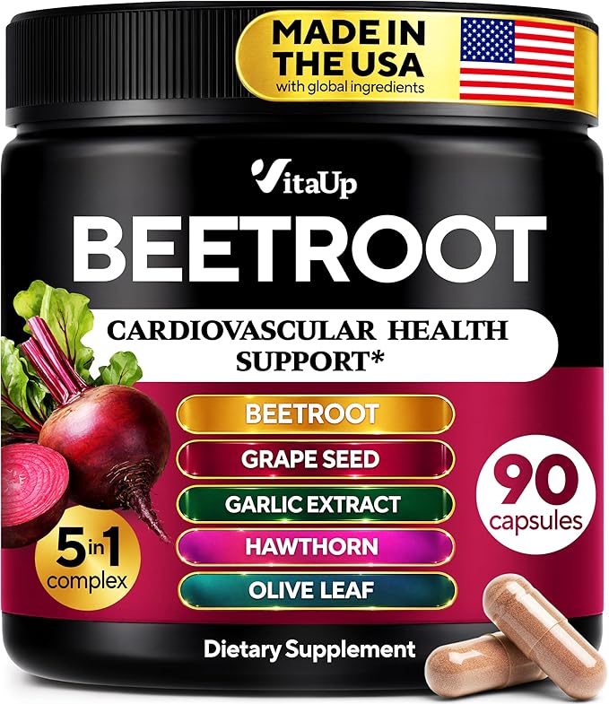 Beet Root Capsules - USA Made Beetroot Supplement for Normal Circulation, Nitric Oxide & Heart Support - 5-in-1 Beets with Grape Seed, Garlic Extract, Hawthorn Berry, Olive Leaf - 90 Vegan Caps