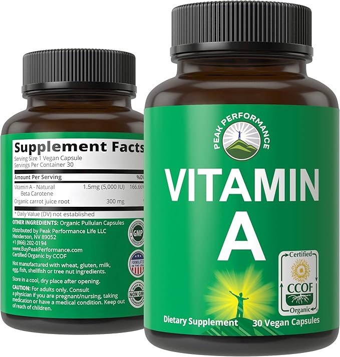 Certified Organic Vitamin A 5000 IU Supplement Capsules - High Potency Vitamins - for Adults, Men, Women, Kids - Made with Carrot Juice - Great for Immune, Skin, Eye Support - Non GMO, Vegan Pills