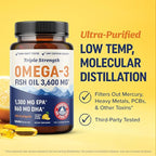 Triple Strength Omega 3 Fish Oil 3600 mg | EPA & DHA | Over 2100mg Omega-3 Fatty Acids | 1300mg EPA + 860mg DHA | Best Essential Fatty Acids | Premium Wild Caught & Burpless Fish Oil | 180 Ct