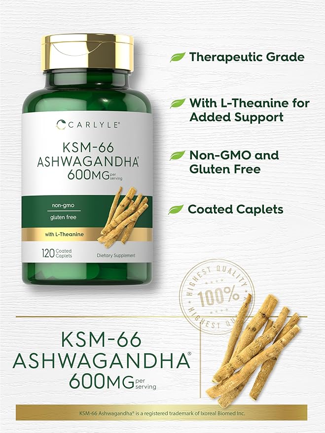 Carlyle KSM-66 Ashwagandha Root Extract 600mg | 120 Vegan Caplets | Supplement with L-Theanine | Non-GMO, Gluten Free