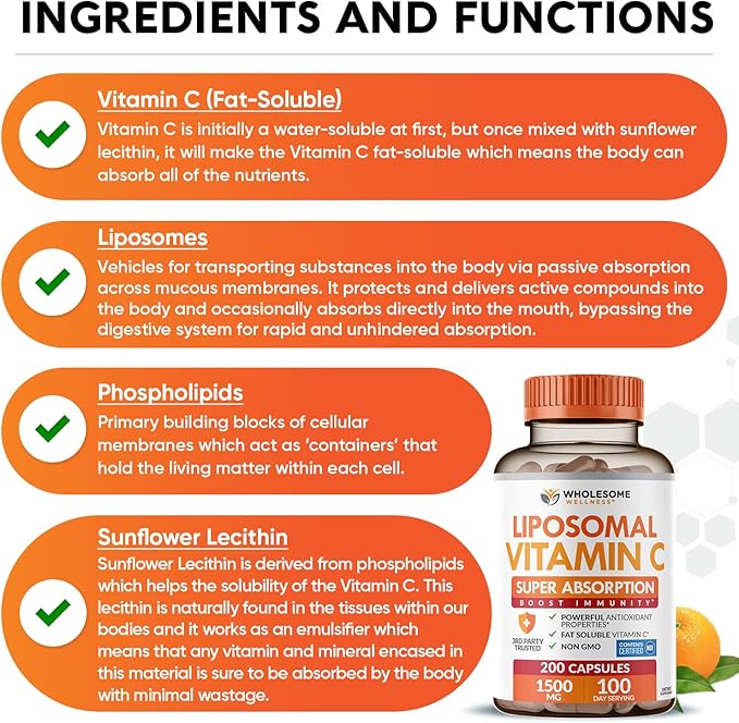 Wholesome Wellness Liposomal Vitamin C Capsules (200 Pills 1500mg Buffered) High Absorption, Immune System & Collagen Booster, High Dose Fat Soluble Immunity Support Ascorbic Acid, Natural Vegan