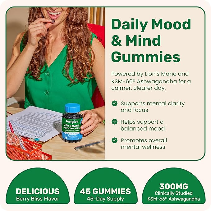 Fungies Lion's Mane KSM-66 Ashwagandha Gummies, Berry Flavor - Mushroom Supplement Adaptogen Gummy Supports Brain Health, Cognitive Function, Focus, Memory & Mood - Mind-Body Wellness, 45 Servings