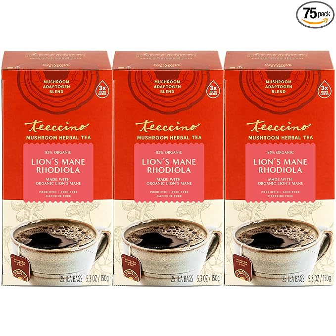 Teeccino Lion’s Mane Rhodiola Tea - Rose - 25 TeaBags Caffeine-Free Mushroom Adaptogenic Herbal Tea, 3x More Herbs than Regular Tea Bags, Lightly Sweet from Dates & Figs, Chicory Prebiotic - (Pack of 3)