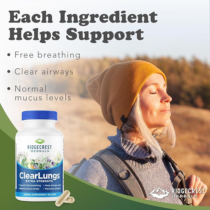 RidgeCrest Herbals ClearLungs Extra Strength, Daily Health Supplement, Natural Lung and Nasal Wellness Formula (60 Vegan Caps, 30 Serv)