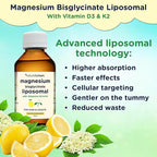 Magnesium Liposomal | with Vitamins D3 & K2 | Magnesium Bisglycinate | for Children & Adults | Highly Absorbable Liquid Supplement | Lemon & Elderflower Flavour | 30-Day Supply | 5 fl oz