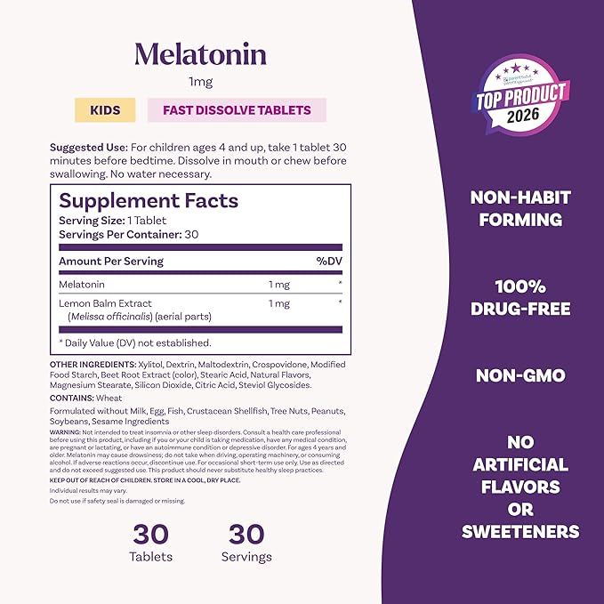 Natrol Kids Fast Dissolve Melatonin 1 mg, Dietary Supplement for Restful Sleep, Sleep Tablets for Kids, 30 Strawberry-Flavored Melatonin Tablets, 30 Day Supply