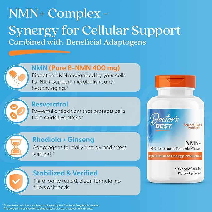 Doctor's Best NMN+ Complex Supplement Capsules for Women & Men - Supports NAD+ Production, Resveratrol 100mg & Beta Nicotinamide Mononucleotide 200mg per Capsule, Cellular Energy Support - 60 Veg Caps