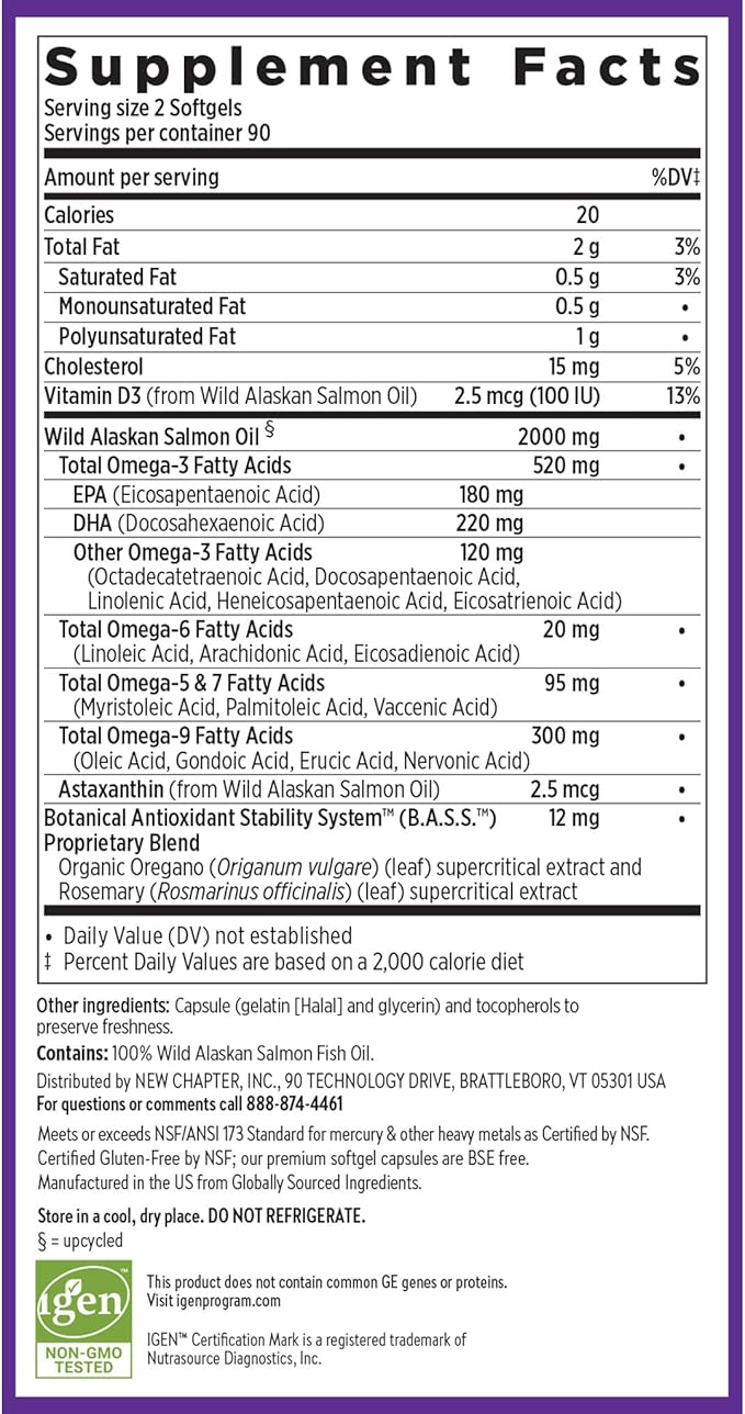 New Chapter Wholemega Fish Oil Supplement - 2000mg per Serving, Clinically Proven Wild Alaskan Salmon Oil with Omega-3 + Vitamin D3 + Astaxanthin, 180 Softgels