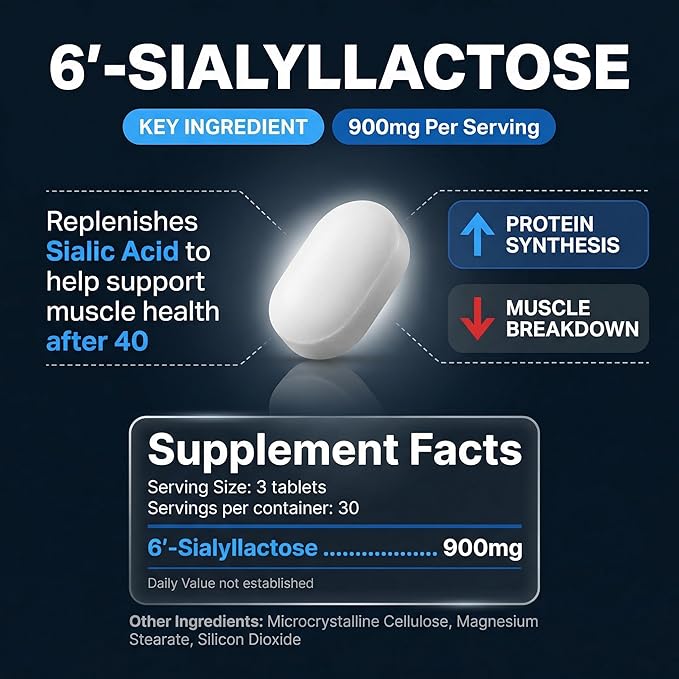 Muscle Health - Enhance Muscle Mass & Strength, Fast Workout Recovery, Reduce Fatigue & Boost Exercise Performance, 6-Sialyllactose (6-SL), 900mg, 90 Tablets (4-Pack | Best Value)