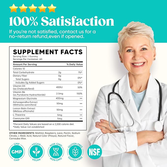 60 Day Supply Magnesium Glycinate 400mg Gummies with Ashwagandha, L-Theanine, CoQ10, Vitamin D3 & B6, Sugar Free Magnesium Gummies for Adults & Kids, Stress Relief, Sleep & Calm, Vegan, Gluten Free