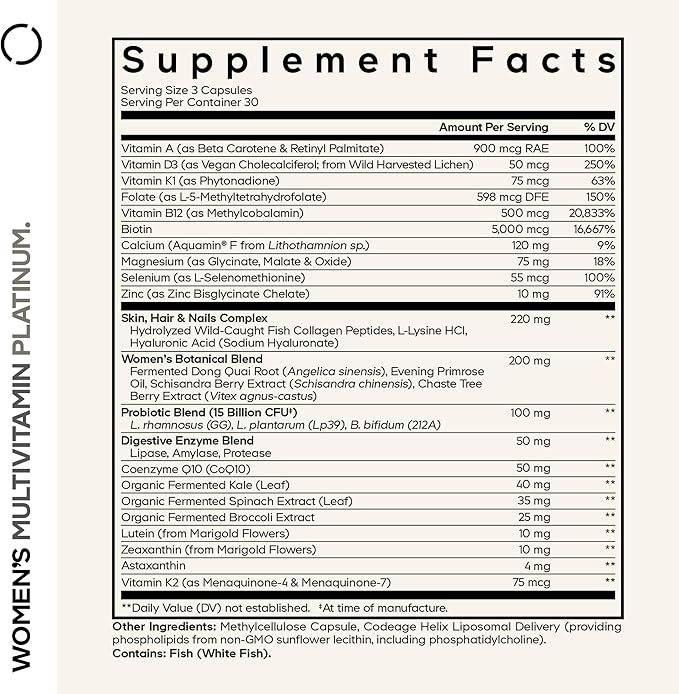 Codeage Women’s Multivitamin Platinum - Vitamins A D3 K1 K2 B12 & Minerals, CoQ10, Skin, Hair & Nails Complex, Collagen, Botanicals, Probiotics, Fermented Greens, Lutein, Astaxanthin - 90 Capsules