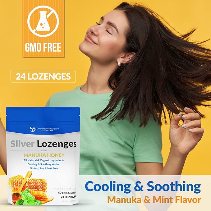 Silver Lozenges with Organic Manuka Honey and Vitamin C - All-Natural Nano Silver 45-50mcg of 60 PPM Colloidal Mineral Drops to Support Immune System, Soothe, Cool Cough & Throat, 96-Lozenges