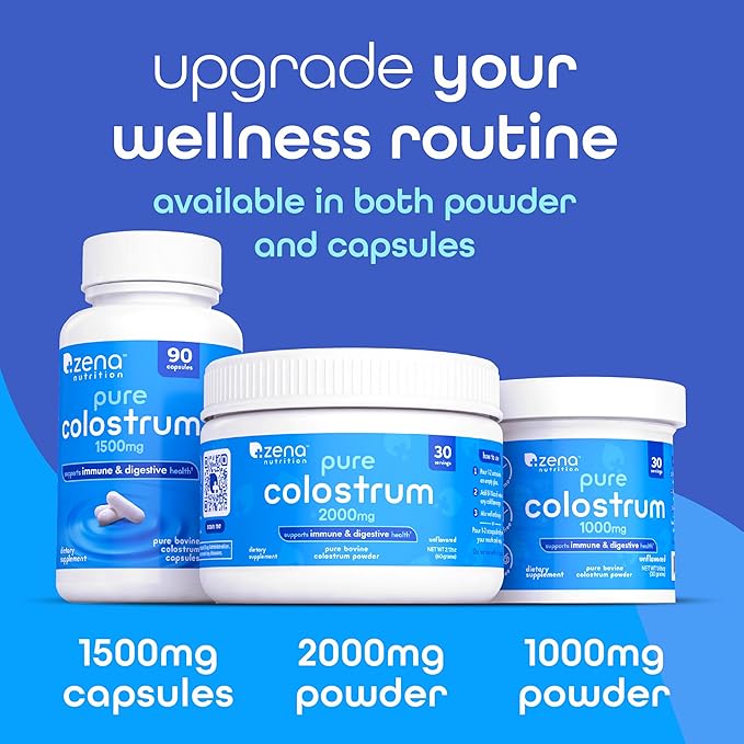 Zena Nutrition Bovine Colostrum Powder Supplement, 1000mg Pure Colostrum, Supports Immune and Digestive Health, Promotes Gut Health, Keto, Gluten Free, Fat Free, Grass Fed, Unflavored, 30 Servings