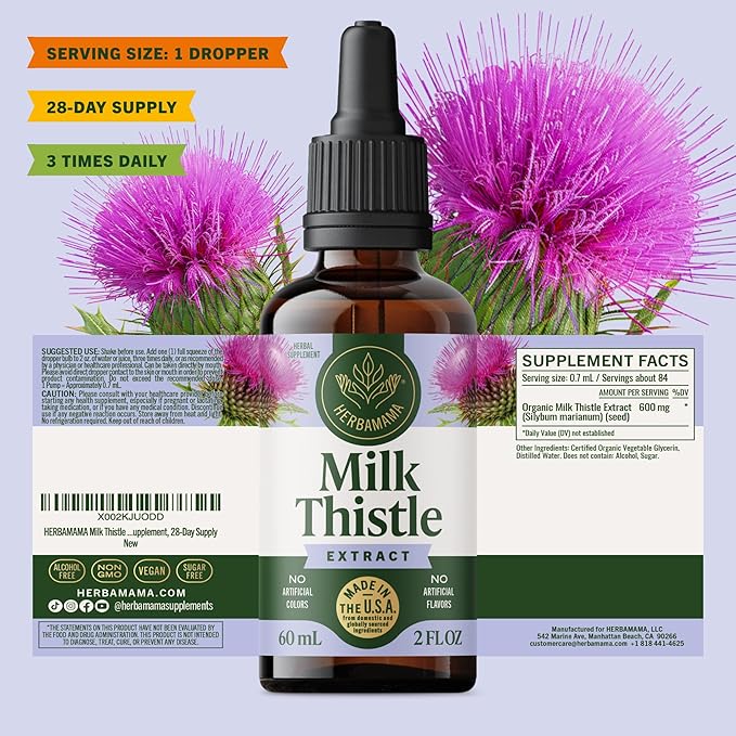 HERBAMAMA Milk Thistle Drops - Vegan Liver Support with Milk Thistle Extract Tincture - Non-GMO, Alcohol & Sugar-Free Liver Detox and Cleanse Supplement, 28-Day Supply