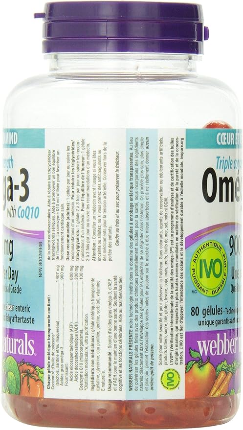 Webber Naturals Triple Strength Omega-3 with CoQ10 enteric coated 900 mg Omega-3 (EPA ? DHA)/ 100 mg CoQ10, 80caps by Webber Naturals