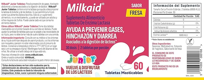Milkaid Junior Lactase Enzyme Chewable Tablets for Lactose Intolerance | Prevents Gas, Bloating, Diarrhea in Children| Fast Acting Dairy Digestive Supplement for Kids| Strawberry Flavor | 60 ct (3)