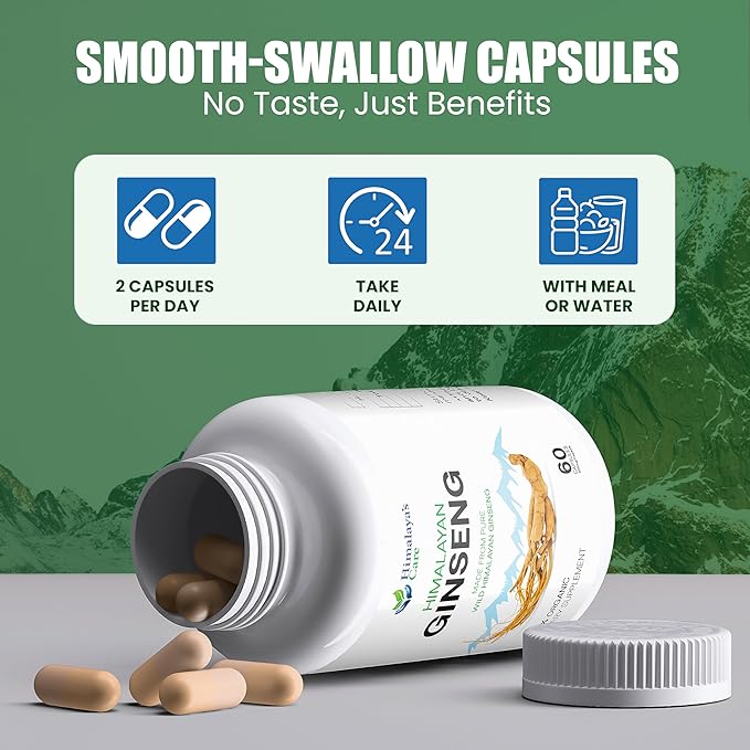 Panax Ginseng Supplement 1000mg - 60 Vegan Capsules - Korean Red Ginseng Extract Root Powder Pills for Men and Women - for Natural Energy, Focus, Immune Support, Vitality & Stamina