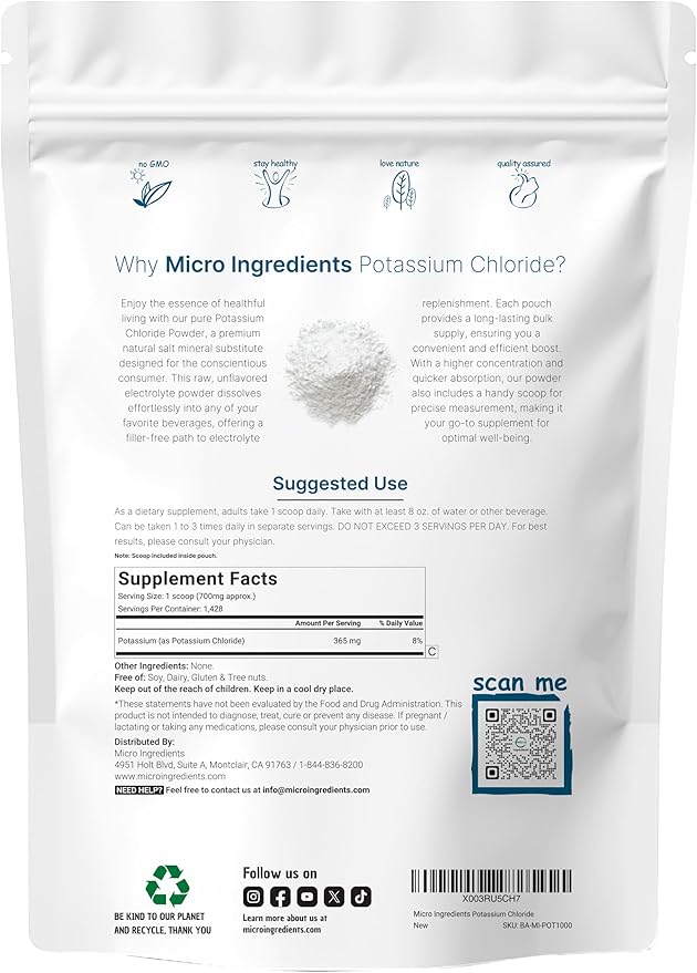 Potassium Chloride Powder, 1 KG (35 Ounce) | Salt Substitute & Essential Hydration Electrolyte Supplement | Supports Mineral Balance, Heart, Joint, and Immune Health | Filler Free, Dissolves Easily