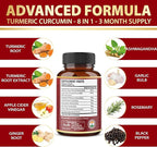 8 in 1 Turmeric Curcumin + Apple Cider Vinegar Capsules, 3 Month Supply with Ashwagandha, Ginger, Garlic Bulb, 95% Standardized Curcuminoids, Joint & Absorption Support