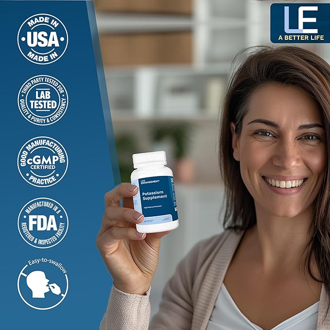 Life Enhancement High Potency 1020 mg Potassium Supplement for Muscle, Brain & Bone Health - No Additives High Absorption Elemental Potassium Supplement, Made in USA (120 Capsules – 60 Servings)