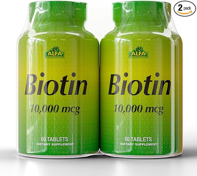ALFA VITAMINS Biotin 10,000 mcg High Potency Vitamin B7 Supplement for Hair, Skin & Nail Support – 60 Tablets (2-Pack)