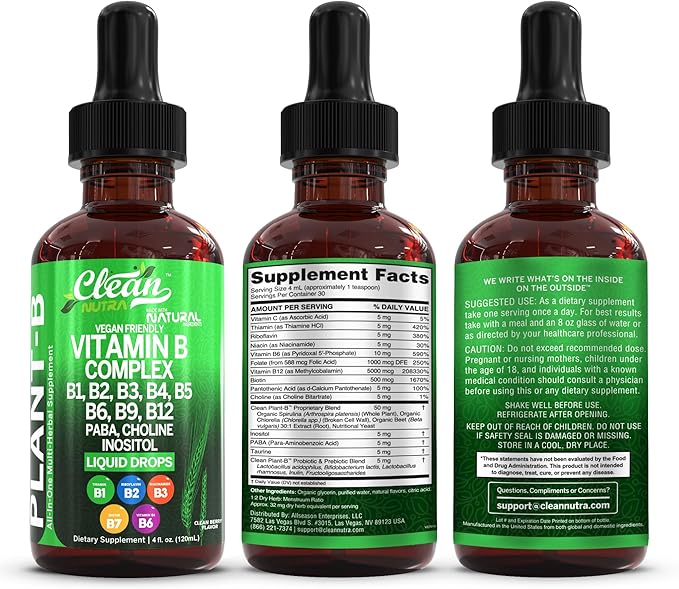 Vitamin B Complex Liquid Drops | Thiamine B1, B6, B2, B3, B4, B5, B7 B9, B12, Niacinamide, Paba, Choline Inositol Taurine Probiotics Beet Root Spirulina - Plant-B Vitamin Supplements by Clean Nutra