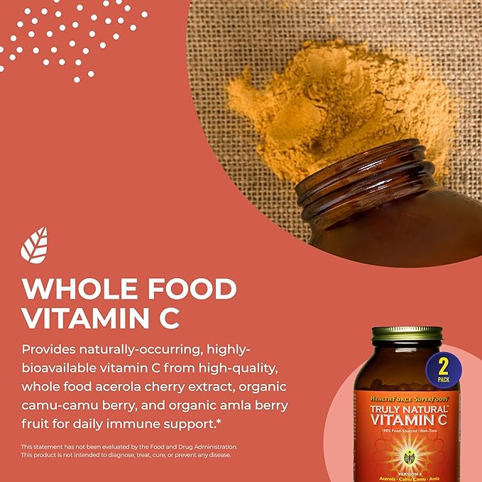 HEALTHFORCE SUPERFOODS Truly Natural Vitamin C - Immune Support Supplement with Camu Camu Berry - Vitamin C Supplement for Immune Health - Vegan, Non-GMO - 240 Vegan Caps, 30 Servings