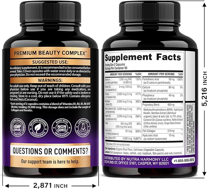 Biotin | Collagen | Hyaluronic Acid | Keratin - Clinically Tested Supplement - Hair Growth Support, Skin & Nails - 25000 mcg Vitamins B2, B3, B6 & B7 + B1 - Made in USA - Women & Men | 180 Capsules