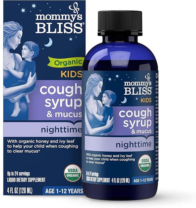 Mommy's Bliss Kids Organic Cough Syrup & Mucus Relief for Night Time, Agave & Honey, Ivy Leaf, Zinc, Vitamin C, Cough Syrup for Kids, +Herbal Nighttime Blend, 4 Fl z