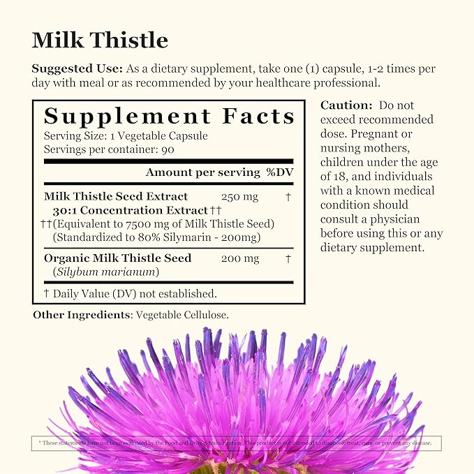 Milk Thistle Supplement – Standardized to 80% Silymarin – Pure, Vegan, Non-GMO, Kosher – 90 Vegan Capsules
