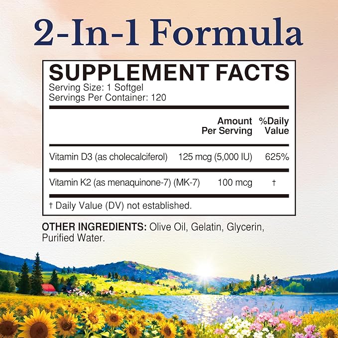 Vitalitown Vitamin D3 K2 Supplement, D3 5000 IU, Vitamin K2 MK-7 100 mcg, Non-GMO, No Gluten & Soy, for Bone, Teeth, Immune & Heart Health, 120 Softgels