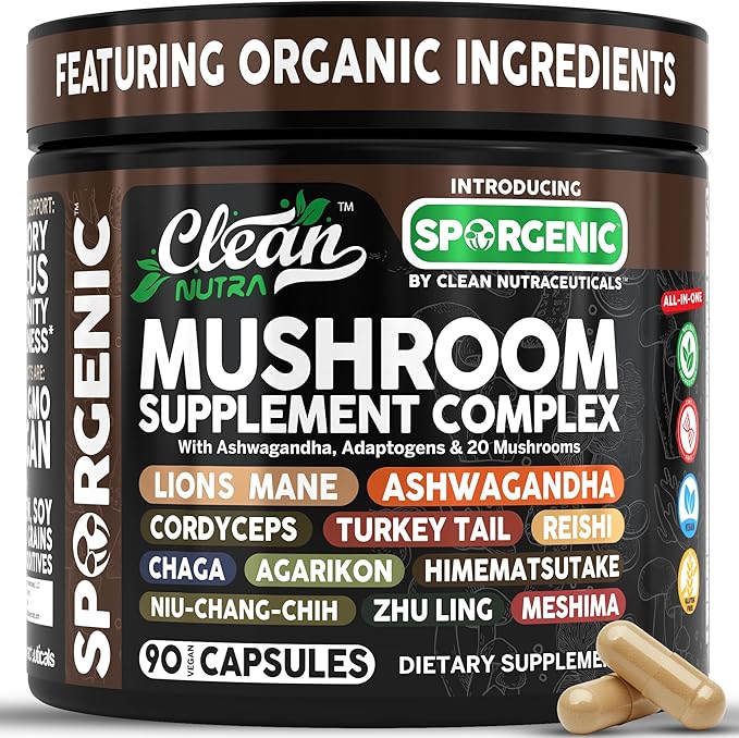 Organic Mushroom Supplement | Ashwagandha Lions Mane Cordyceps Turkey Tail Reishi Mushrooms Maca Root Black Hoof Chaga Tremella Agarikon Shiitake Oyster Powder Capsules Sporgenic By Clean Nutra (1)