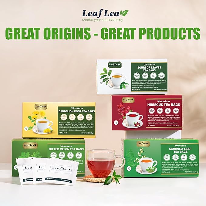 LeafLea 80 Soursop Leaf Tea Bags, from Natural Soursop Leaves (Graviola), Herbal Blend for Wellness, Sour Sop Herbal Tea Individually Wrapped for Freshness, Caffeine-Free, Vegan, No Sugar, Non-GMO