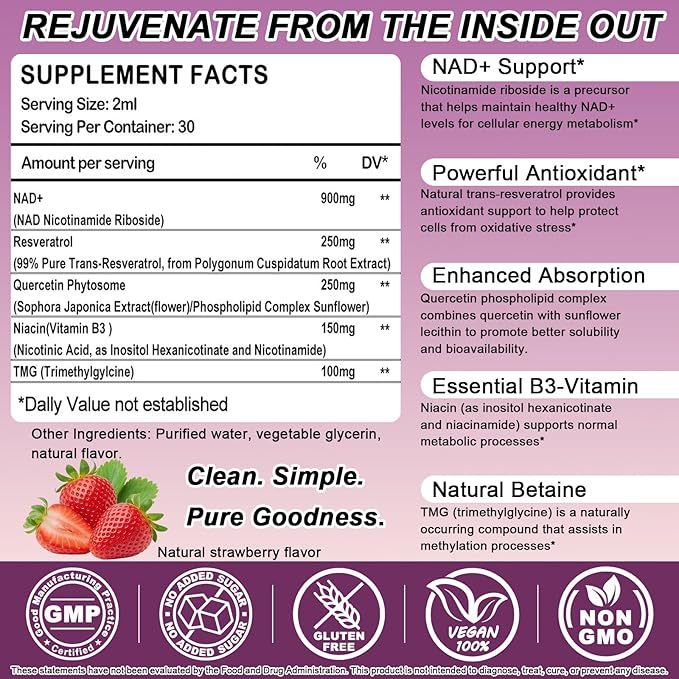 NAD+ Supplements for Men & Women, Extra Strength NMN Alternative Liposomal Nad⁺ Supplement with Resveratrol Quercetin for Cellular Energy & NAD+ Levels, Fast Absorption Liquid NAD Plus丨NON-GMO, 2Fl Oz