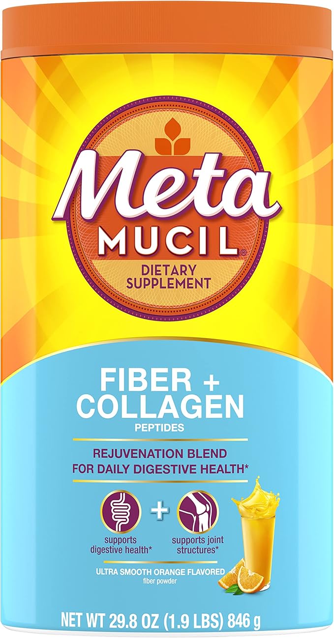 Metamucil Daily Fiber + Collagen,Psyllium Husk Powder,Plant Based Fiber Supplement,Sugar-Free with Stevia,3-in-1-Fiber Supplement for Digestive Health,Orange Flavored,90 Doses,(Pack of 2)