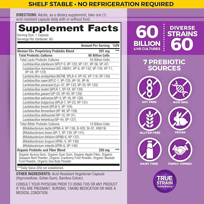 Vital Planet - Vital Flora Probiotics for Women Over 55 Daily Shelf Stable Probiotic 60 Billion CFU, 60 Diverse Strains, 7 Organic Prebiotics, Immune Support and Digestive Health 60 Capsules