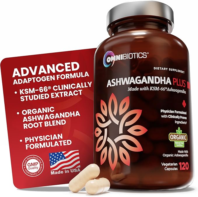 OmniBiotics Organic Ashwagandha Supplement – 1300mg Total Strength – 900mg Organic Root Powder & 400mg KSM-66 Extract – Stress Relief, Mood & Sleep Support – Non-GMO – 120 Vegan Capsules