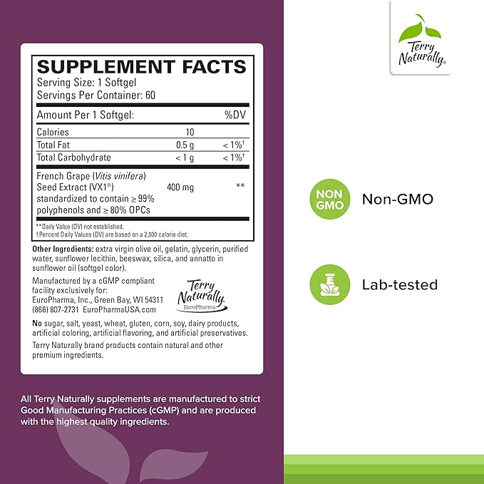 Terry Naturally Clinical OPC Extra Strength - Cardiovascular Health & Focus Support - Supplement with Grape Seed Extract - Immune Support Supplement - 60 Softgels