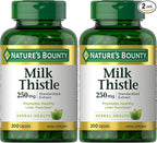 Nature's Bounty Milk Thistle Capsules, Traditionally Used for Liver Health, Herbal Supplement, 250 mg per Serving, 200 Count (Pack of 2)