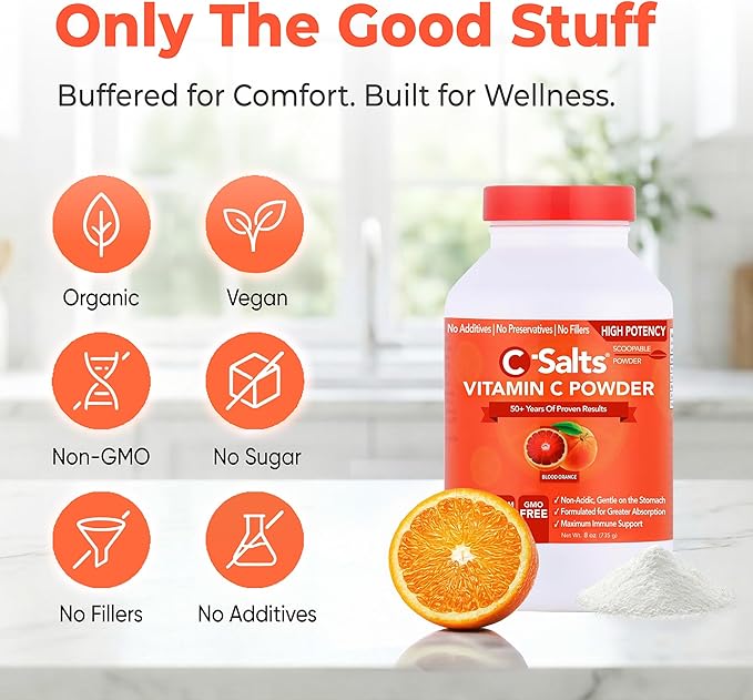 C-Salts Vitamin C Powder - 100% Pure Buffered Ascorbic Acid Powder for Daily Immune Support & Collagen Production - Stomach-Friendly Organic Vegan Non-GMO Sugar-Free - 84 Servings - Blood Orange, 8oz